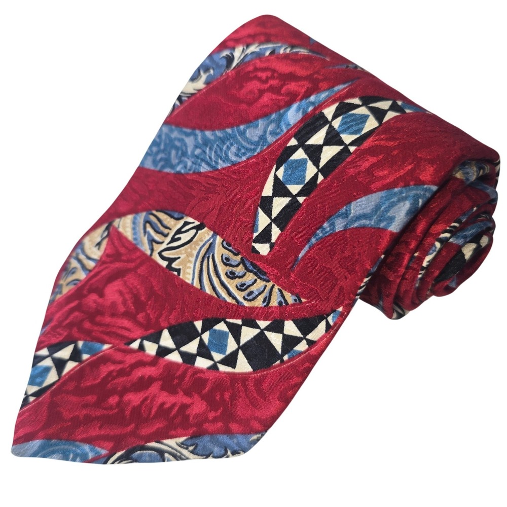 Sheaf & Caber Tie 100% Silk Made USA Red Blue Black Abstract 56" x 3.75" Vintage
